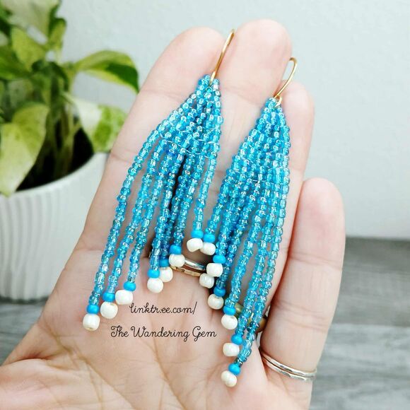 Blue & White Beaded Fringe Cascade Shoulder Duster Dangle Earrings, 3.5" - Picture 6 of 7